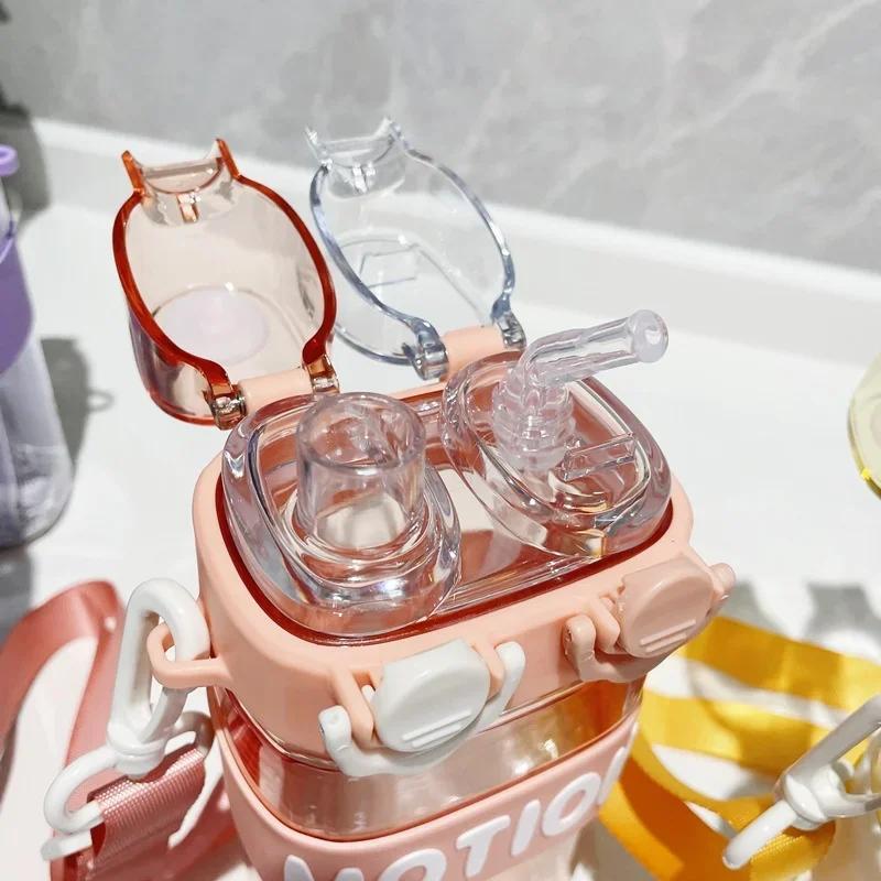 Plastic Transparent Water Bottle with Straw Cartoon Kawaii Compartment Large Capacity Travel Kid Water Gourd Student Drinkware