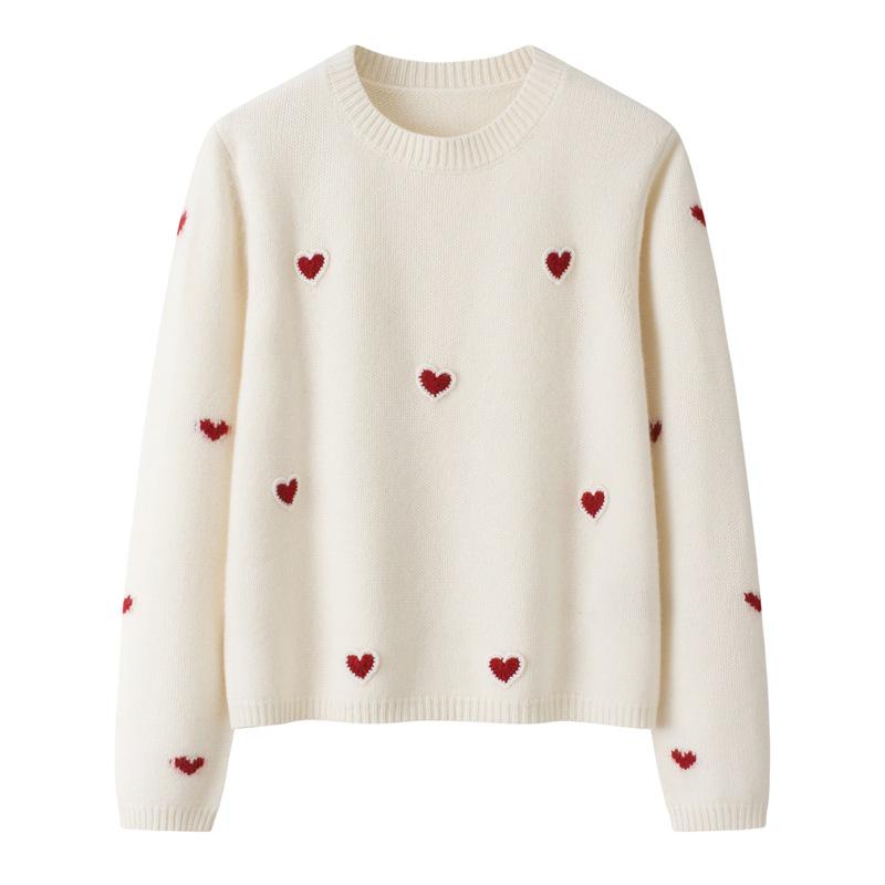 Korean Design 100% Pure Cashmere Heart Sweater - Thick Loose Fit, Versatile Casual Pullover for Women