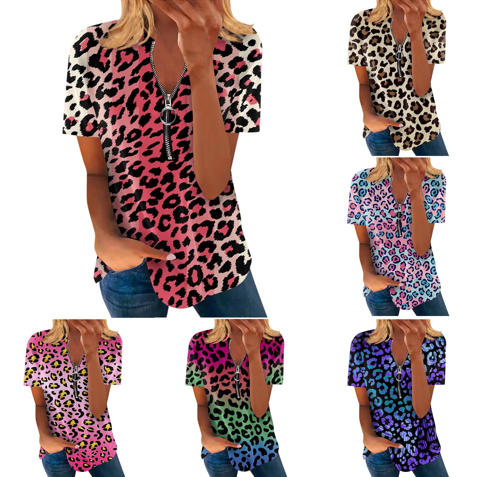 

(Куниде) Женский летний темперамент ЛеопардОвый принт V-образный вырез Молния с коротким рукавом Футболка Топ