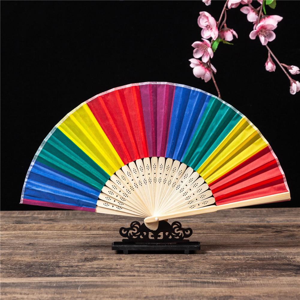 Rainbow Folding Fan Hand Held Fan Bamboo Frame Waterproof Vibrant Colors Hand Fans Home Decorations