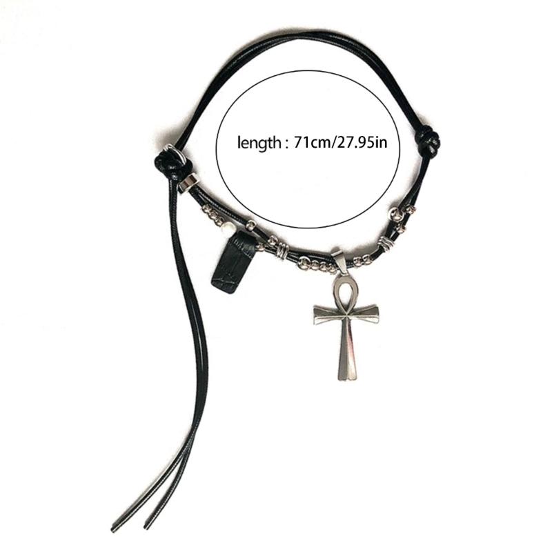 Lederseil Titanstahl Halskette Kreuz Anhänger Choker Kette Lange Pulloverkette Partner Schmuck Ornament Damen Mädchen