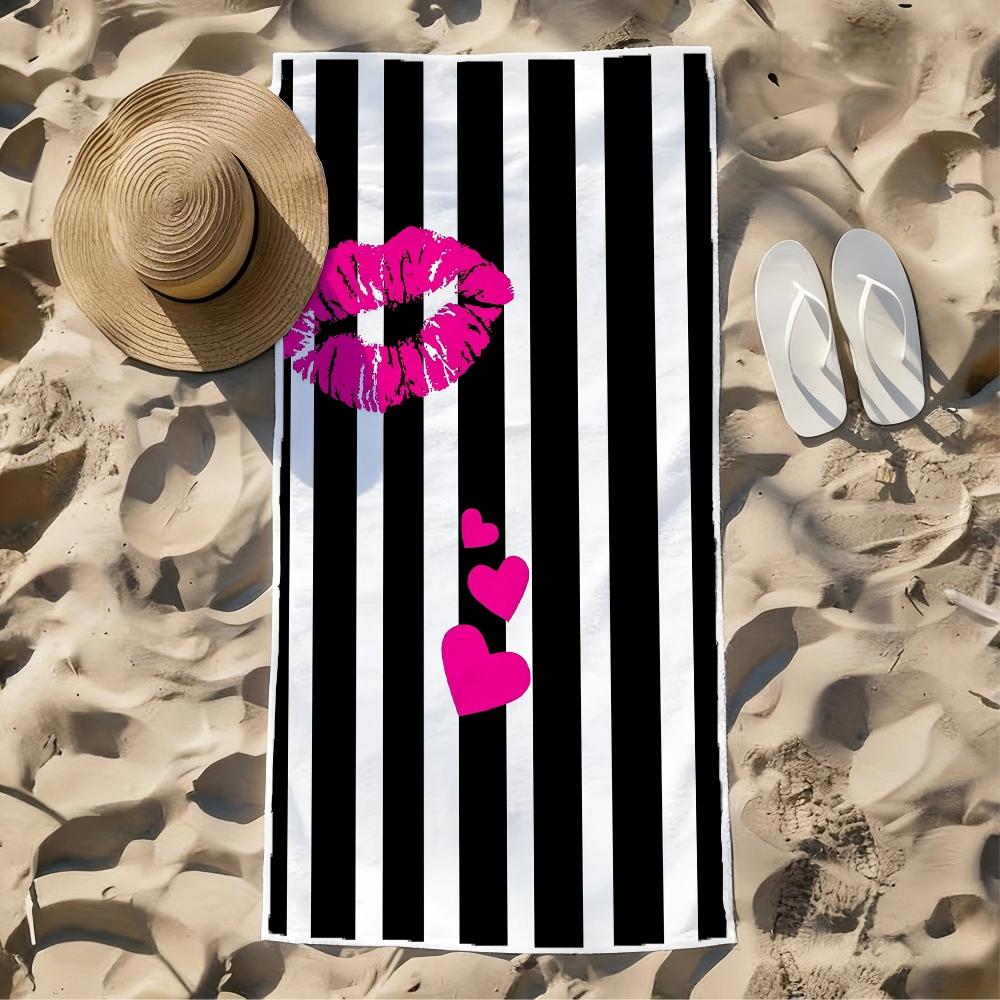1pc Beach Towel, Soft Lightweight Black White Striped with Pink Lips, Sand-Free, Ideal for Travel, Picnic, Camping, Swimming
