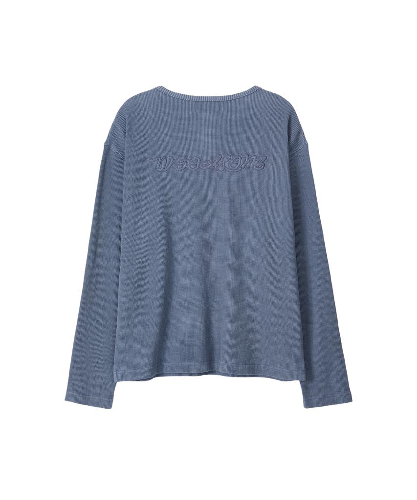 Uallong Layered Loose Waffle Henley Neck Long Sleeve Tee - Fade Navy