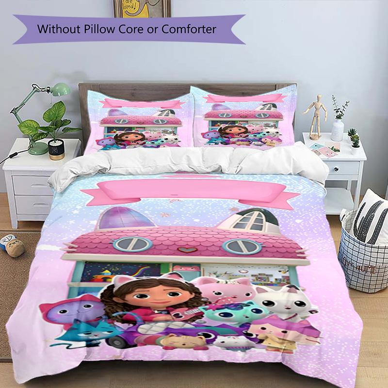 3-teiliges Bettbezug-Set (1 * Bettbezug + 2 * Kissenbezug, ohne Kern), Gabby's Puppenhaus Druck Bettwäsche-Set, Schlafzimmer-Dekoration, Ganzjahres, Geburtstagsgeschenk