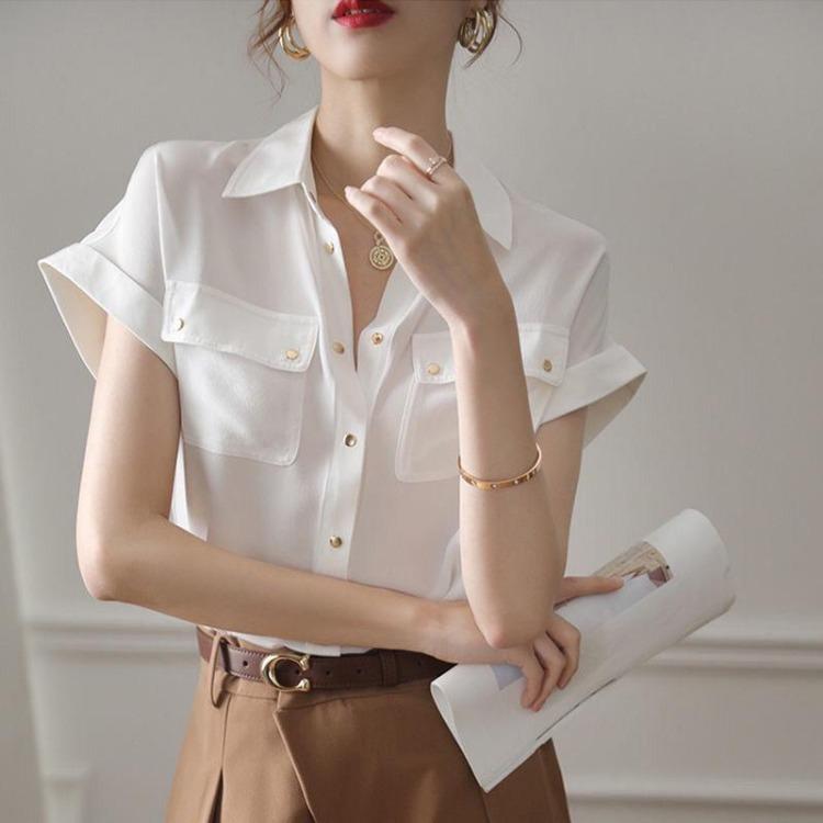 Summer Women's White Chiffon Shirt Loose Short Sleeve Top Simple Fashion Solid Color New