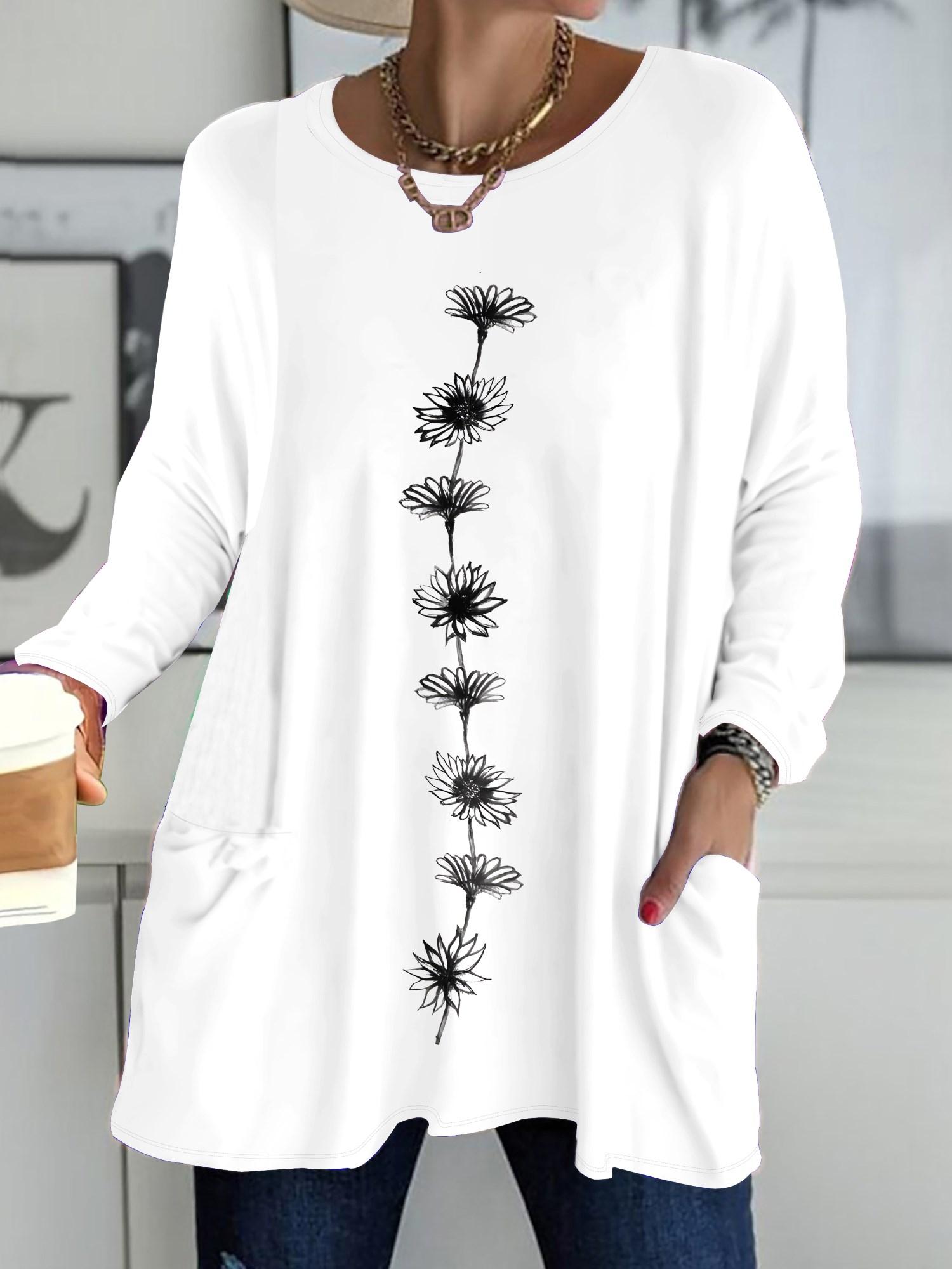 

Осень-Зима 2025 Новые Женские Топы Большого Размера, Модные Футболки с 3D-принтом цветов, с Круглым Вырезом и Длинным Рукавом 1XL чёрный