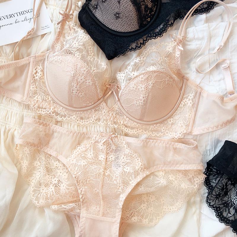 Set nou de lenjerie intimă pentru femei, sexy, cu dantelă, sutien push-up franțuzesc cu cupă subțire 3/4, bralette, decor drăguț cu fundă, lenjerie intimă, sutiene confortabile, seturi de chiloți