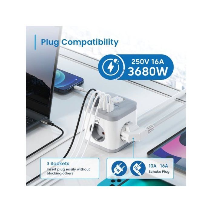Ewent EW3863 Regleta en Bloque 3x Tomas Shucko 16A + 2x USB-A + 2x USB-C 5V/3A PD/QC 3.0 Blanca