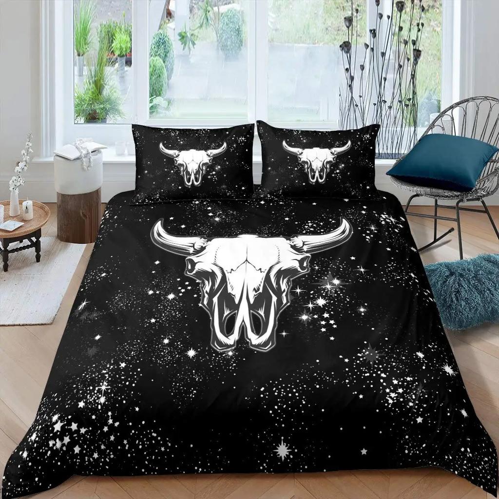 Cow Skull Duvet Cover Queen Sunflower Cattle/Bull Skeleton Bedding Set Botanical Floral Leaves Boho Tribal Polyester Quilt Cover