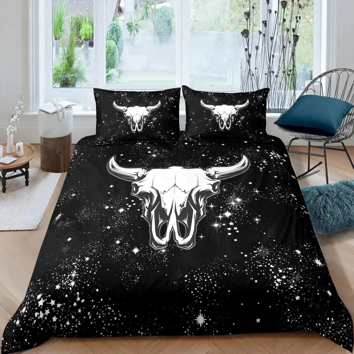 

Cow Skull Duvet Cover Queen Sunflower Cattle/Bull Skeleton Bedding Set Botanical Floral Leaves Boho Tribal Polyester Quilt Cover 140x200cm 3pcs