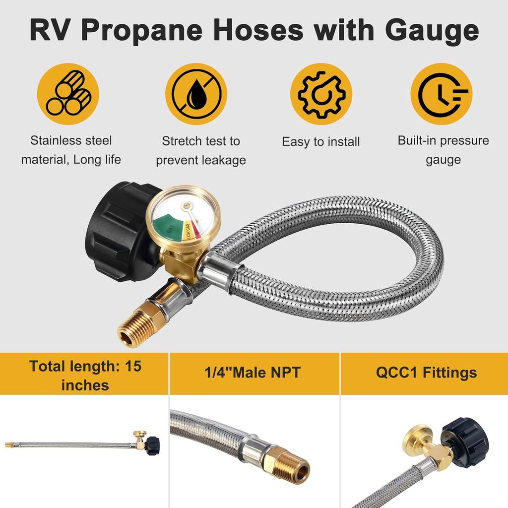 LONGADS 15 Inch (Packs Of 2) RV Propane Hoses With Gauge, Stainless Steel Braided Camper Tank Hose,Rv Lp Gas Hoses Connector For Standard Two-Stage