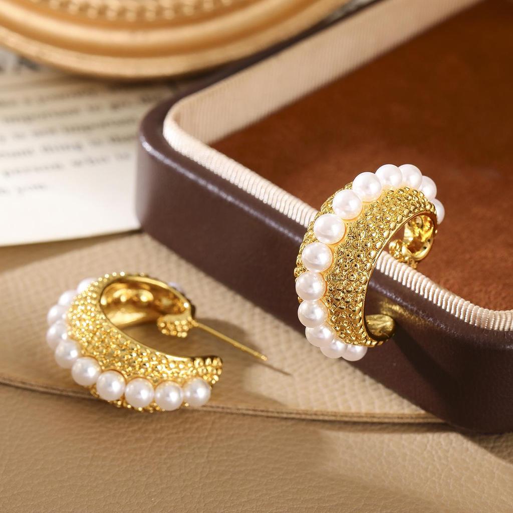 Elegant Pearl C-Shaped Gold-Plated Hoop Earrings