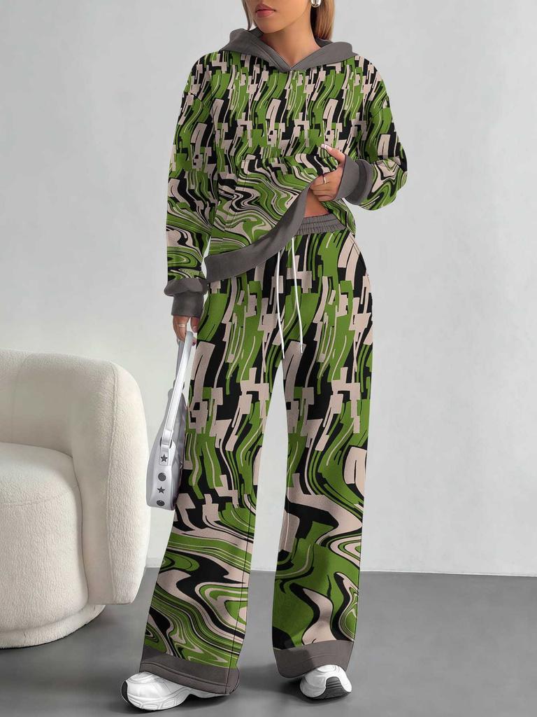 European, American Autumn And Winter Blue Splicing Flower Casual Long-Sleeved Suit Women'S Hooded Sweater Trousers Two-Piece Set