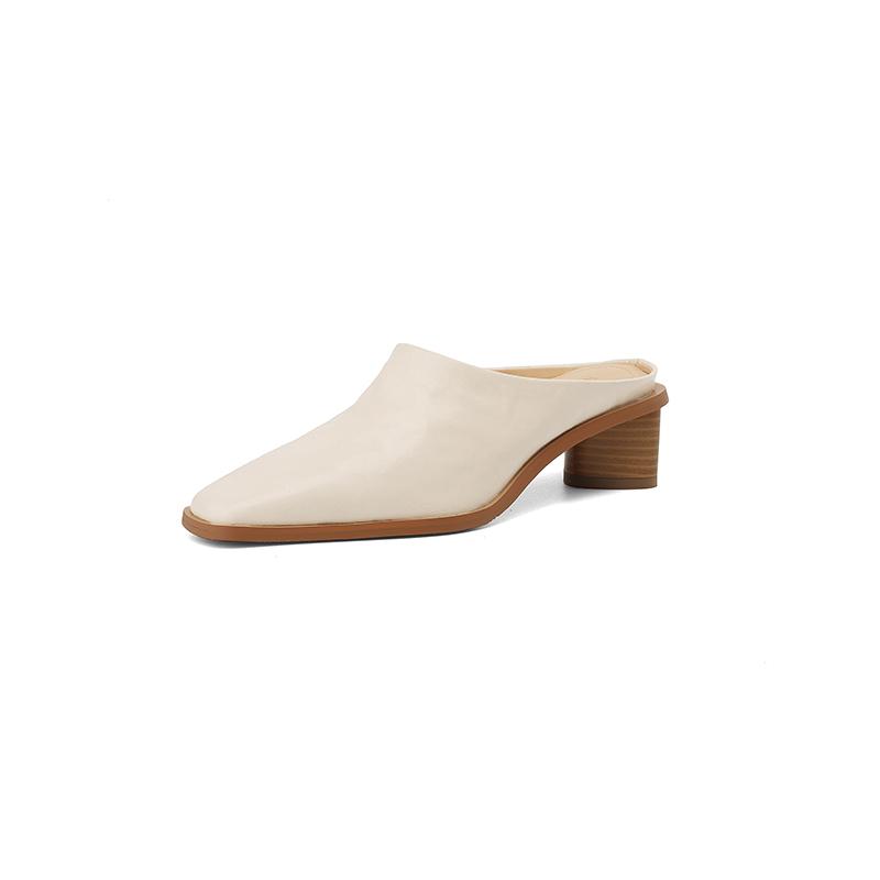 Fashion 2025 Fashion Covered Toe Genuine Leather Slippers Women Thick Heels Casual Mules Summer Daily Walk Sheepskin Leather Slippers