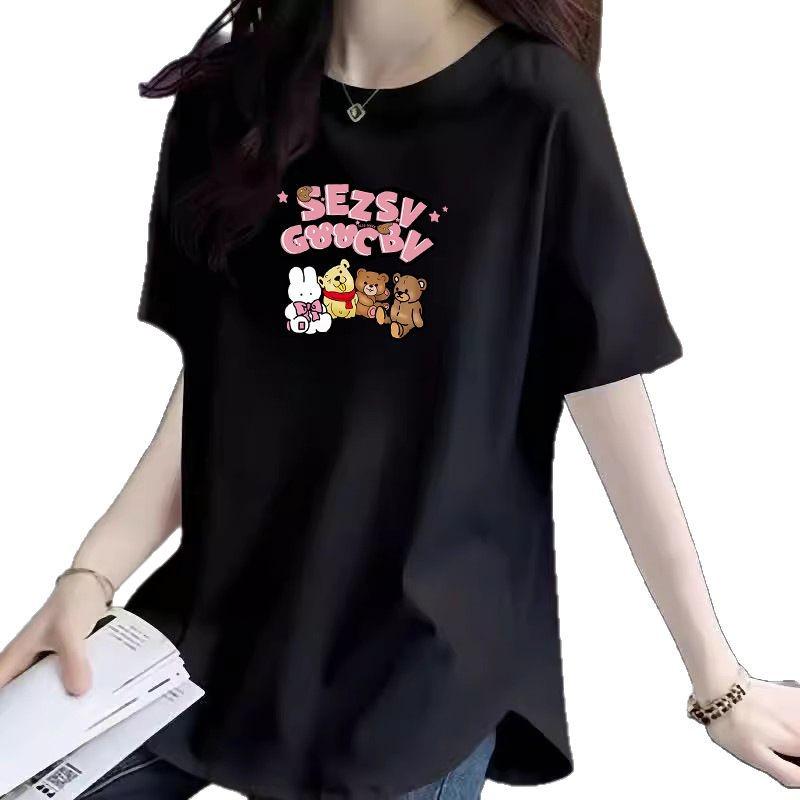 2025 Summer Women's Korean Style Loose White Cartoon Print Cotton T-Shirt