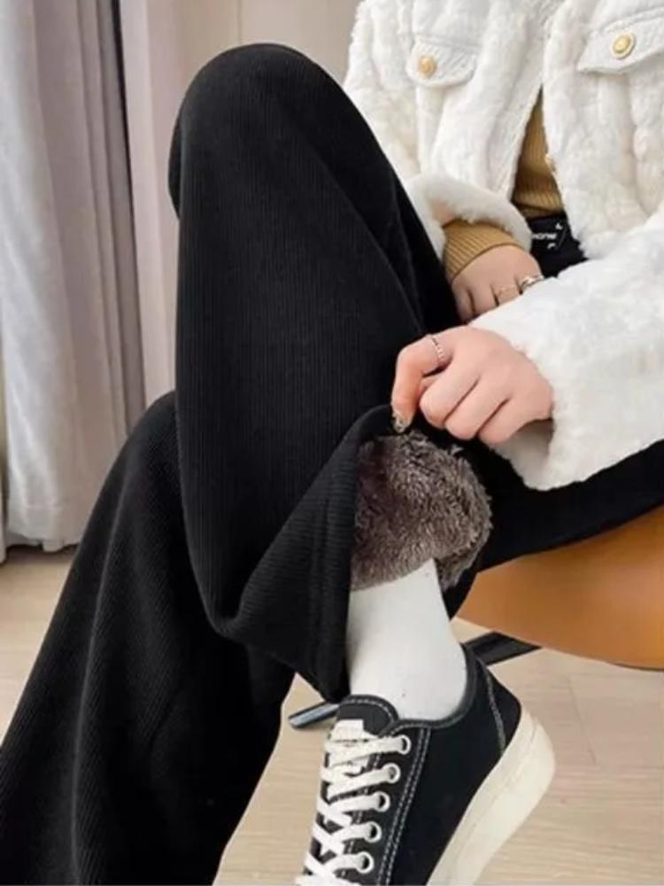 Pantaloni calduri din lână de miel îngroșați de iarnă pentru femei, ocazional, elastic, cu talie înaltă, pantaloni vintage cu picioare largi, design nou, pantaloni largi, chic, pentru exterior