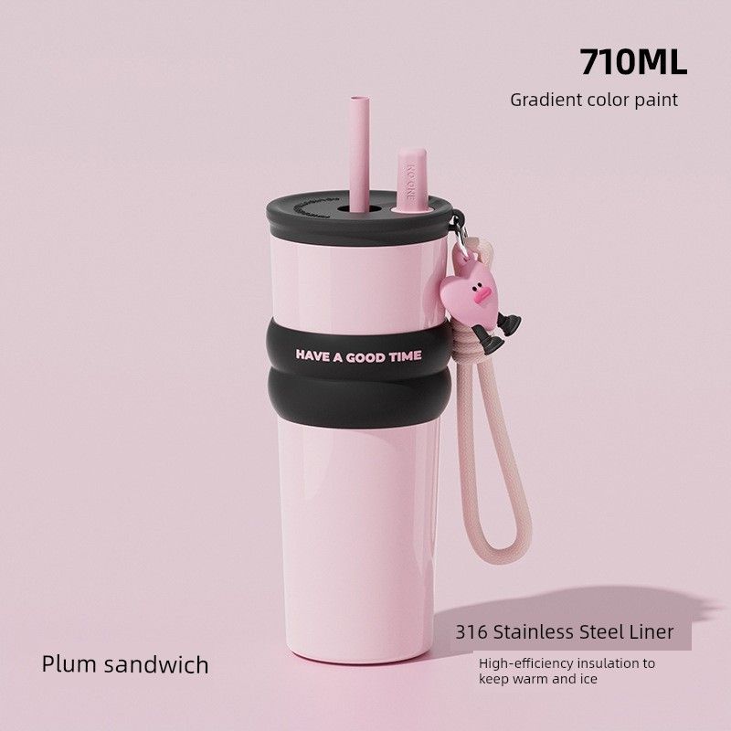 Large-Capacity Thermos Cup for Girls, New Office Water Cup, Giant Student Cup with Handle and Straw, High Aesthetic Value