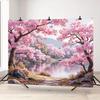 Tapisserie Lac aux Fleurs de Cerisier Style Asiatique 2D Arbre Sakura Rose Romantique Art Mural pour Décoration de Chambre Esthétique et Toile de Fond de Fête