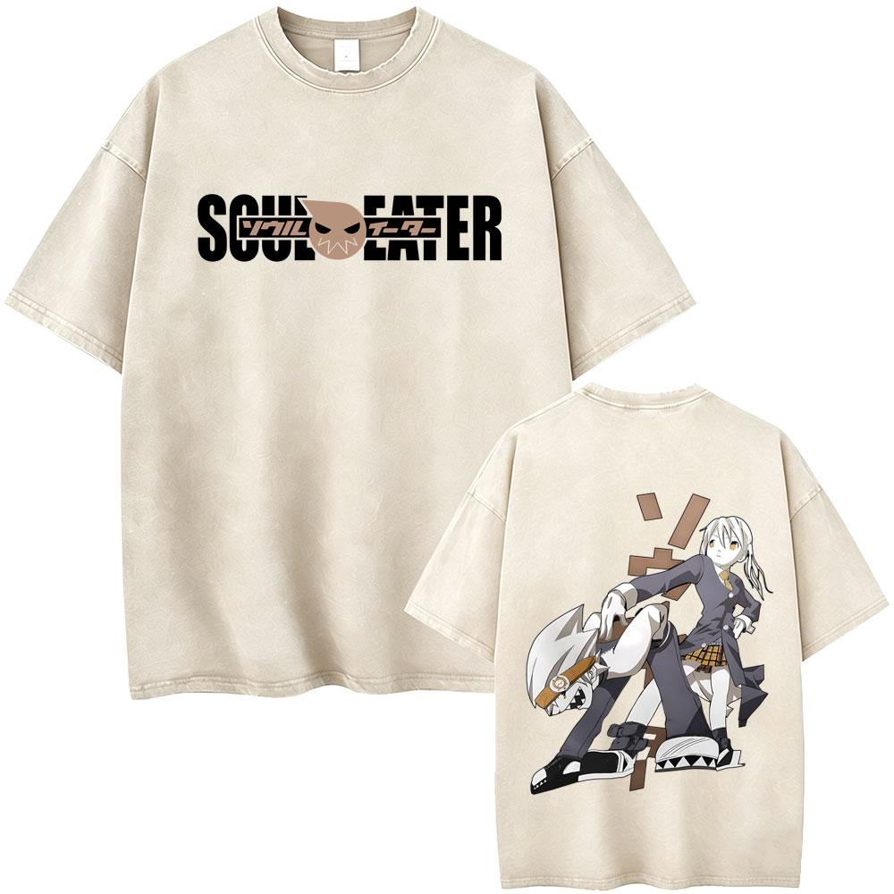 Washed Vintage Anime Soul Eater Maka Albarn Soul Evans Graphic Tshirt Mens Retro Manga T Shirts Men Cotton Oversized Tshirts