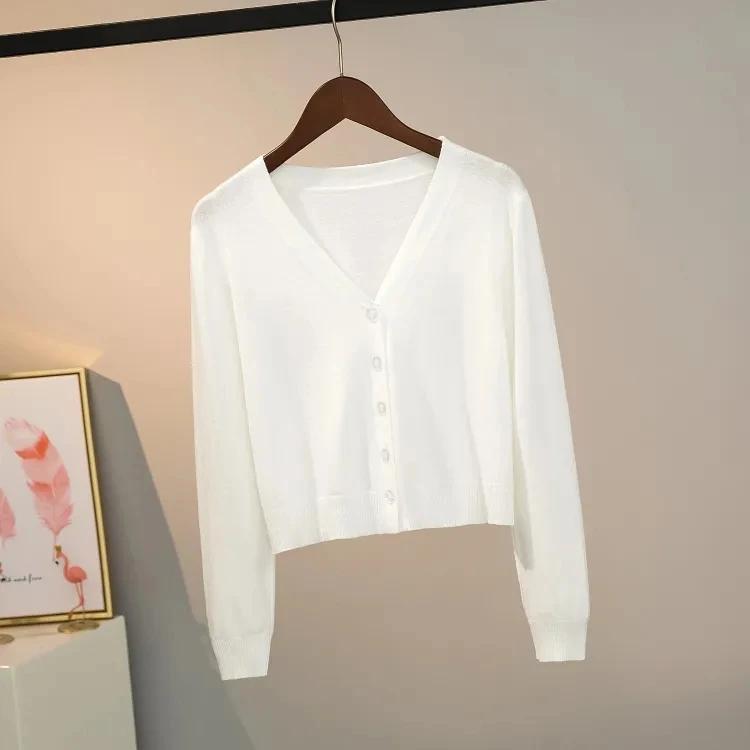 Sweater Knitted Cardigan Button Jacket Korea Autumn Winter V-neck Long Sleeve Casual Short Tops For Women Sweater Grey White