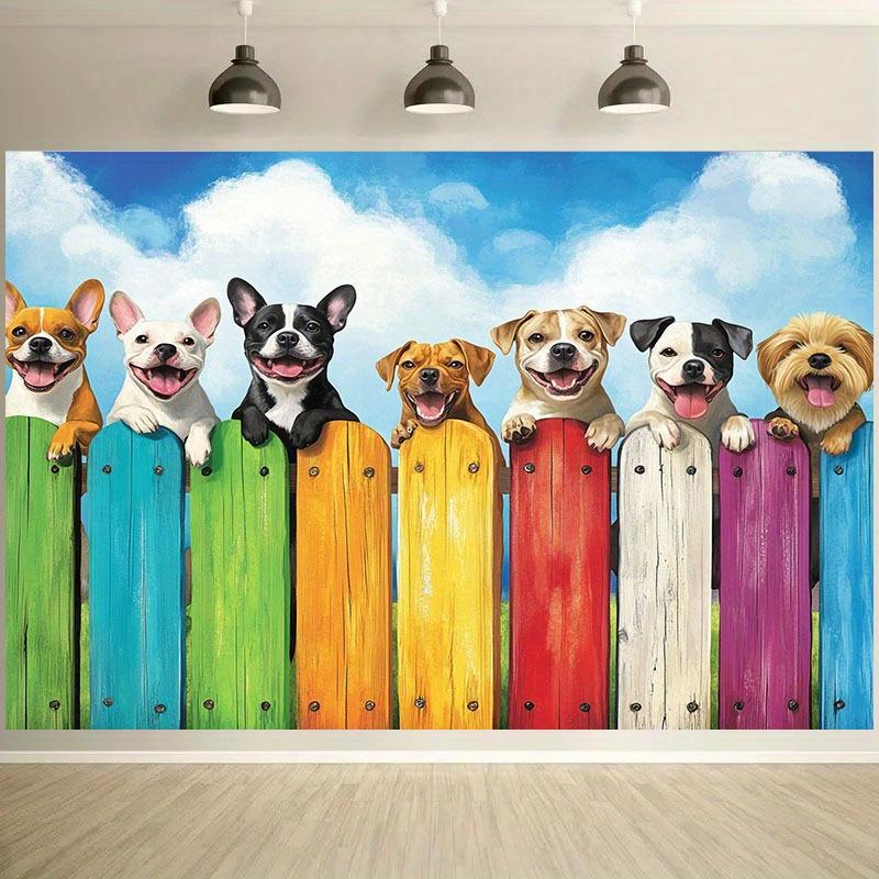 1Pc Ute Dogs On Rainbow Fence Tapestry Wall Hanging For Kids Room Bedroom Decor Fun Animal Print Home Decoration Gift