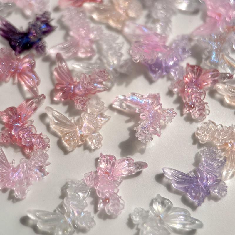 30Pcs Diy Nail Art Decor 3D Butterfly Flower Jewelry Nail Drill Aurora Resin Butterfly Glitter Rose Nail Diamond Manicure Design
