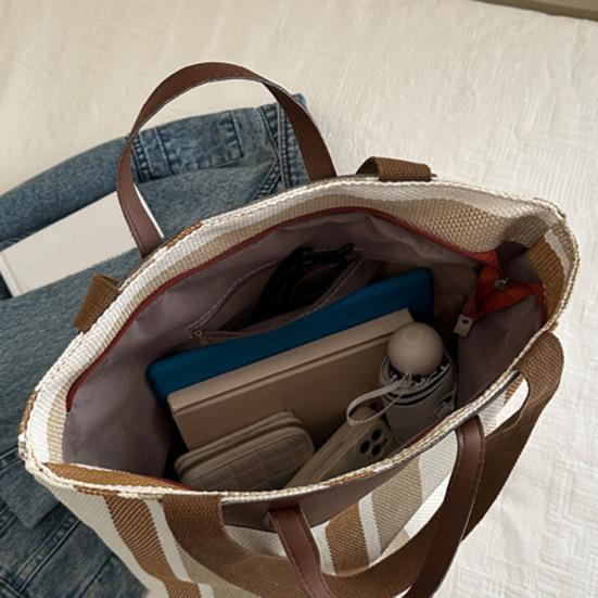 Striped Shoulder Bag Ladies Canvas Tote Bag Zipper Closure Handbag Shoulder Tote for Daily Use Commuting Dating Parties