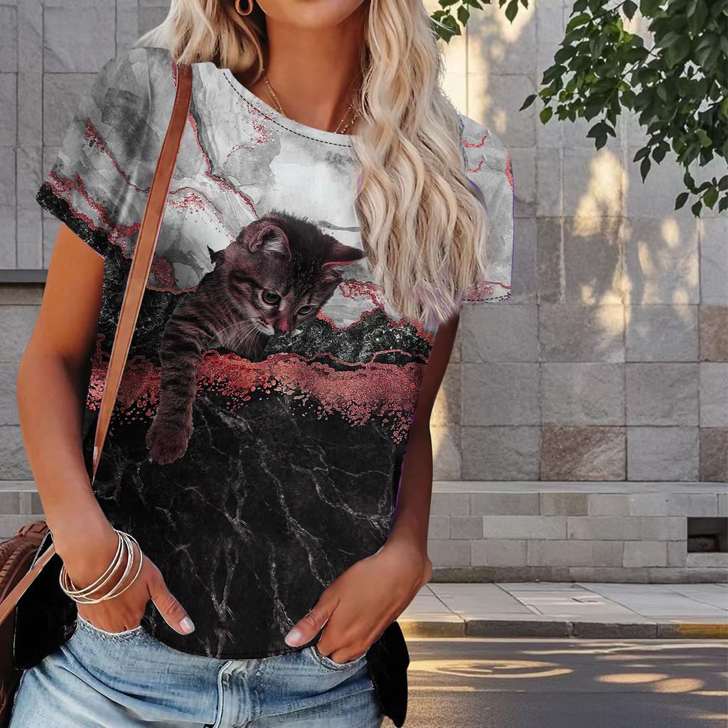 Women Summer T Shirt Kitty Print Retro Fashion Short Sleeve Tees Casual   Printed  Tops