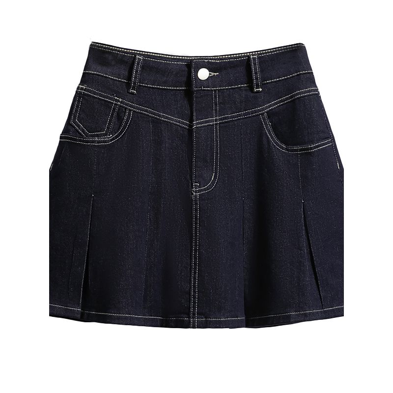 College Sweet Plus Size Denim Skirt A- Line High Waist Pleated Slim-Fit Cover Fashion Tape Lining Skirt M-4XL
