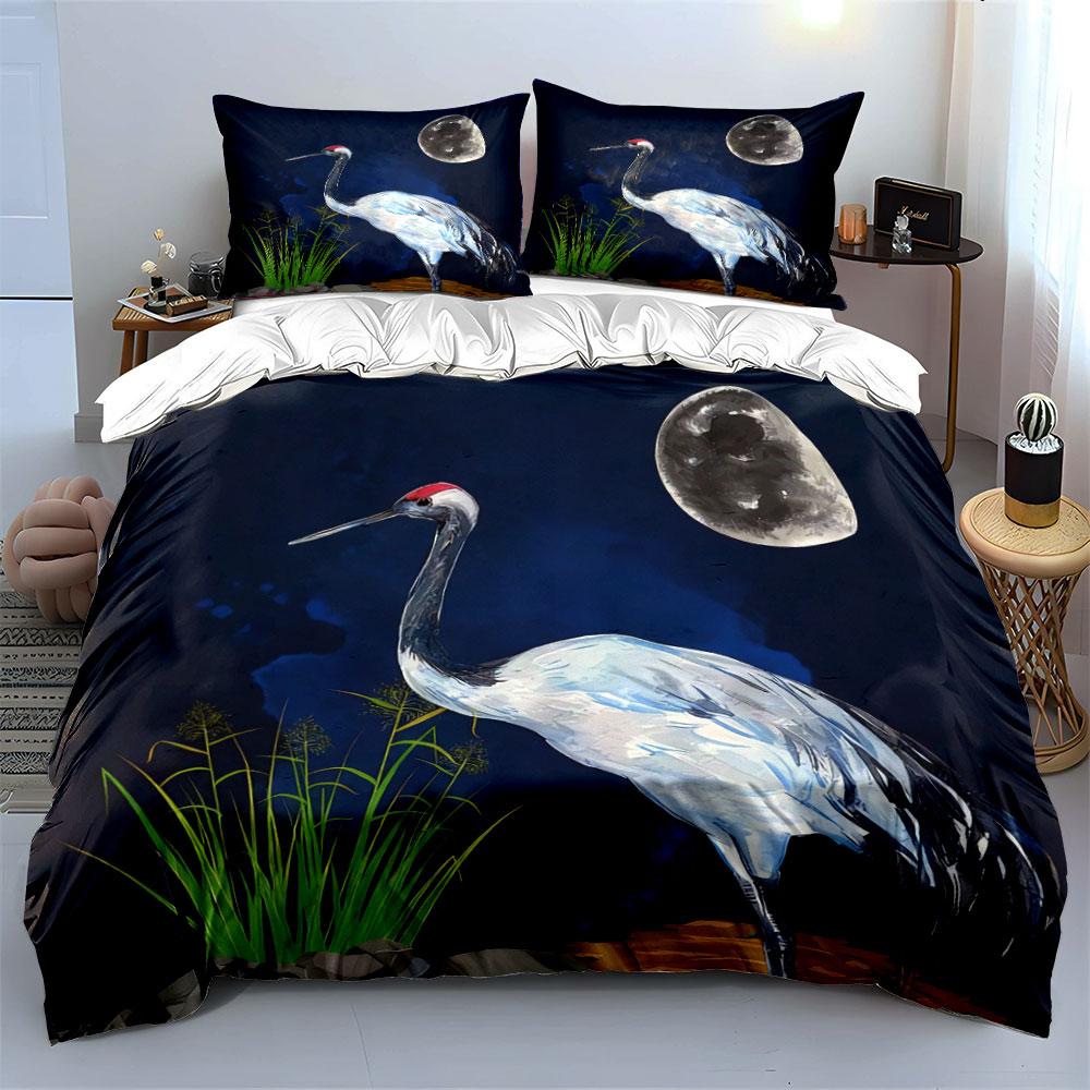 3Pcs Japanese Red-Crowned Crane Bedding Set, Watercolor Crane Under Moon Print Duvet Cover + 2 Pillowcases,Exquisite Gifts
