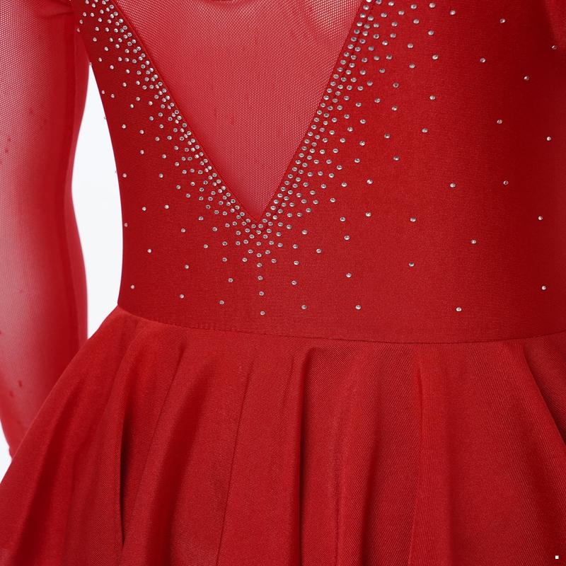 Abito da pattinaggio elegante per bambina, a maniche lunghe, con strass scintillanti, per ginnastica da ballo