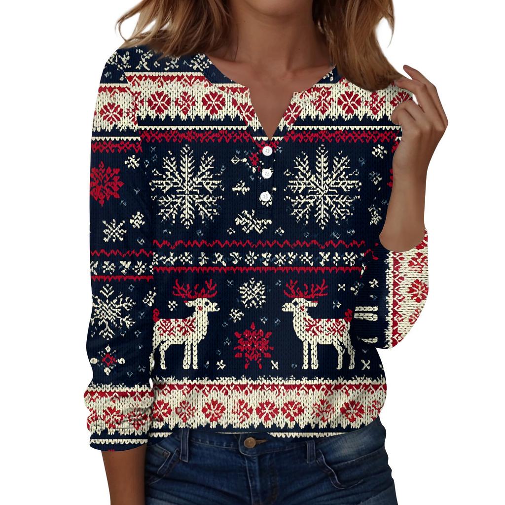 Women's Fashion Casual H Printed V-Neck Long Sleeve Decorative Button T-Shirt Tops