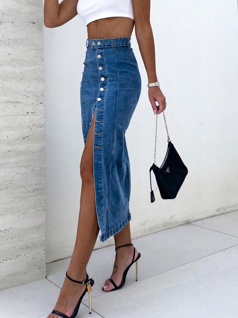 2026 Frühling Europäischer und Amerikanischer Asymmetrischer Schlitz Midi Knopfleistenrock