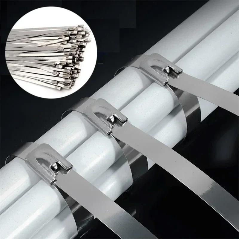 100Pcs Stainless Steel Cable Ties Metal Zip Ties Strap for Exhaust Wrap Multi-Purpose Heavy Duty Self-locking Fastening Ring
