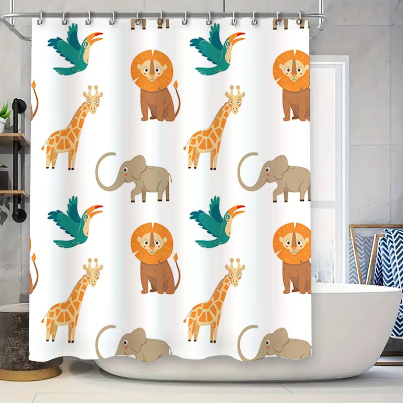 

Animal-Themed Shower Curtain Featuring Giraffes, Lions, Elephants, And Birds Perfect For Kids Bathrooms! Decorate Your Home Wit W60H190(CM)-1 Pcs