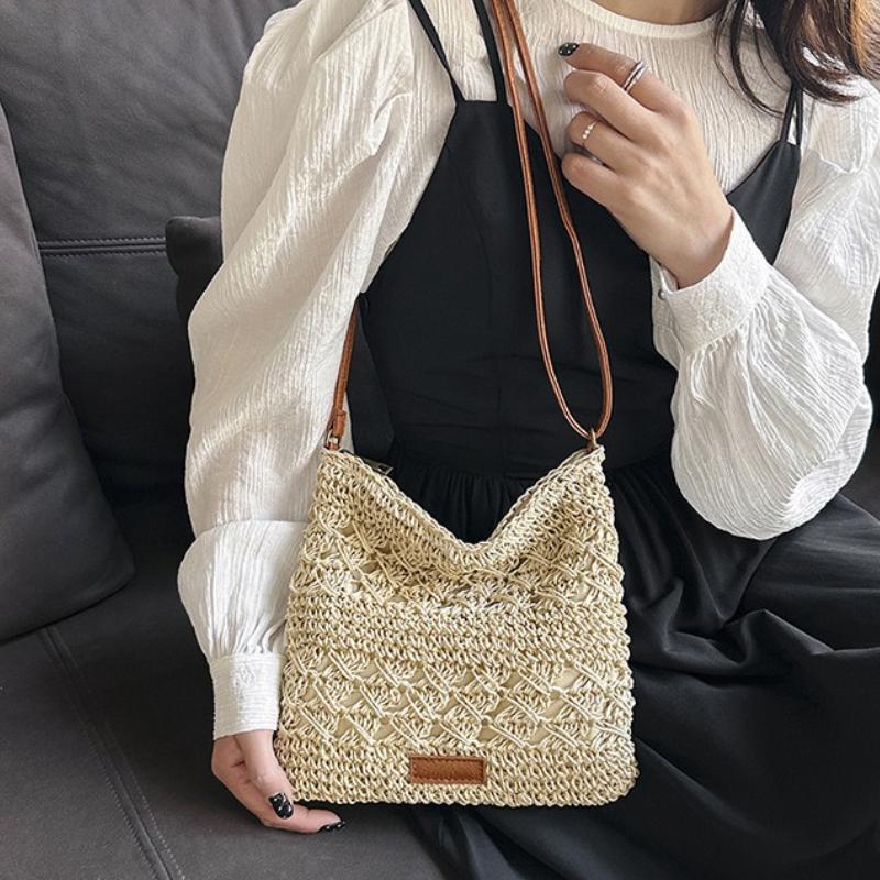 Chic Handmade Paper Straw Crossbody Bag Solid Color Zipper Closure Shoulder Messenger Bags for Women Summer Beach Urban Outings