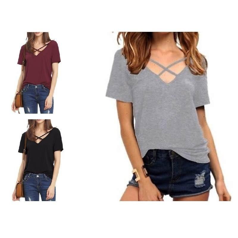 Stylowy Bawełniany T-shirt Damski Plus Size z Dekoltem V, Krótkim Rękawem, Luźnym Krój
