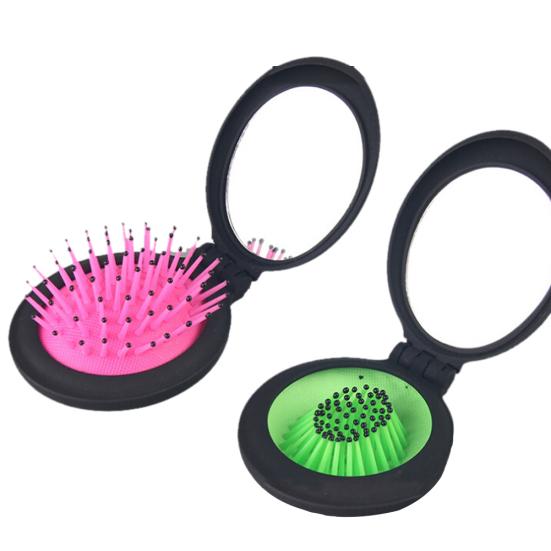 Portable Folding Travel Makeup Soft Scalp Hair Brush Massager Comb with Mirror