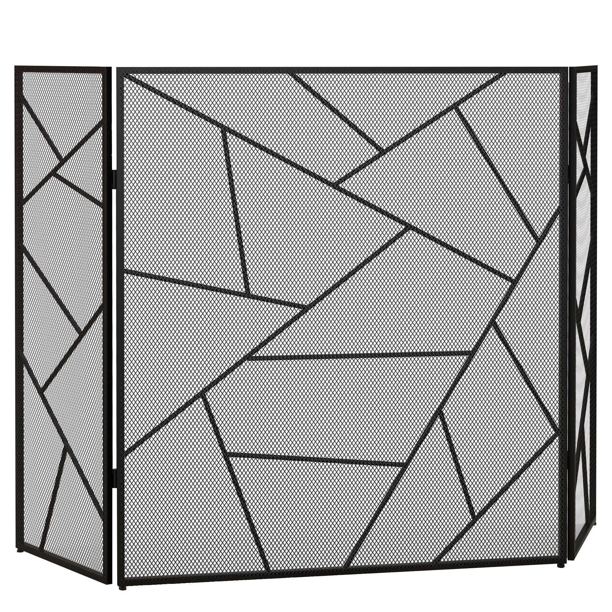 Écran de cheminée pliable à 3 panneaux en acier avec décor géométrique et pieds antidérapants 135L x 1,2P x 85H cm Noir