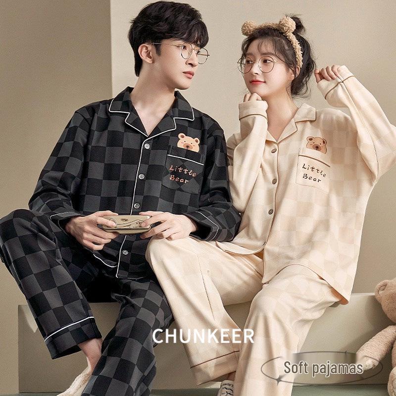 

Couple s Cartoon Cotton Pajamas: Long Sleeve Cardigan Set for Men & Women in Plus Sizes XL