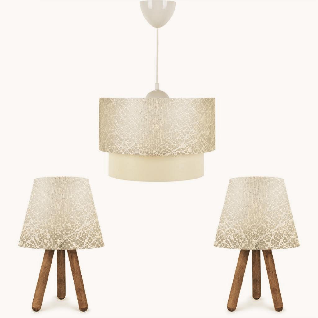 

Art Triple Chandelier and Lampshade Set Wooden Leg White Lace Fabric Headboard