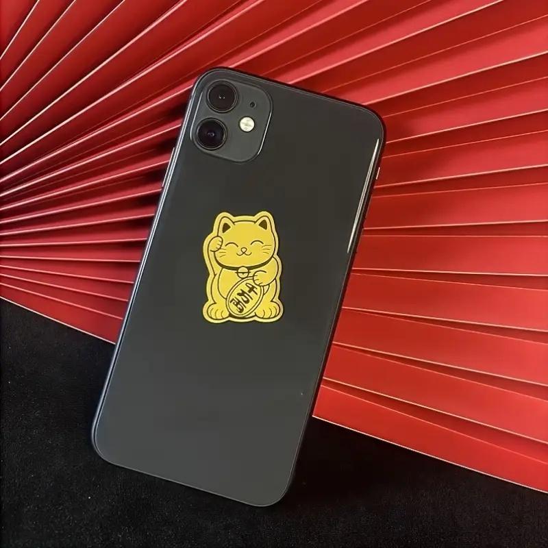 10pcs Golden Lucky Cat Stickers with Glitter. Reusable Decals for Phone, Laptop as New Year Gift. Festive & Shiny Design.