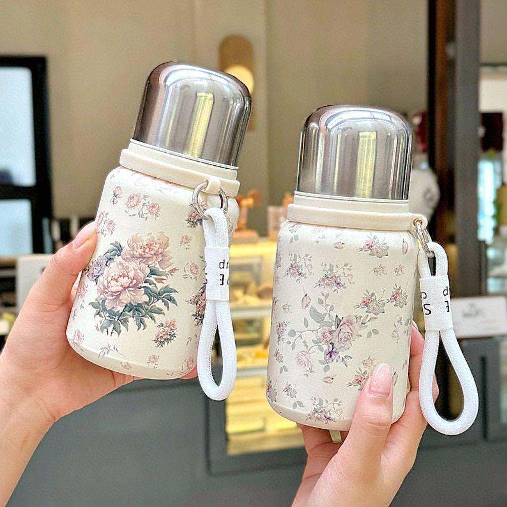 Chinese Style Rose Peony Insulated Cup with Lanyard, Large Capacity, Portable, Tea Separation Feature, Exquisite Stew Pot Design