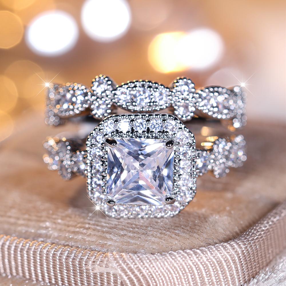 Simple Elegant Square Cubic Zirconia Rings Set for Women Silver Color Engagement Wedding Party Fashion Female Ring Jewelry