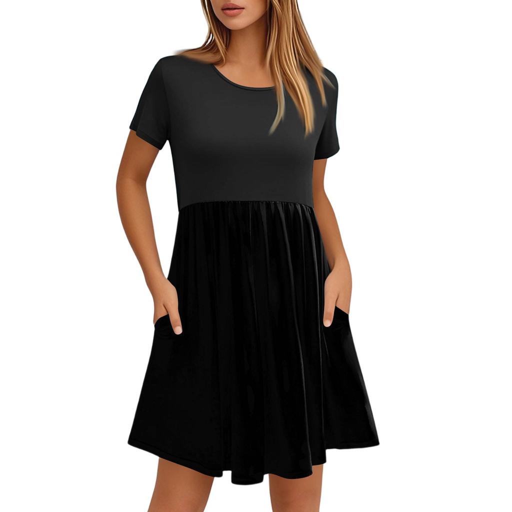 Women's Fashion Casual Loose Round Neck Short Sleeve Colour Block Pocket Dresses