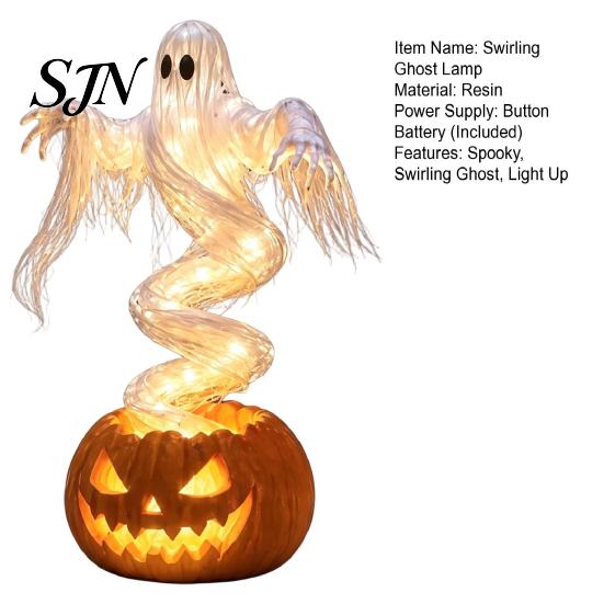 Decorative Lighted Autumn Sculptures Halloween Swirling Ghost Pumpkin Yard Lamp, Spooky Outdoor Holiday Lawn Accents Statue, Warm LED Decoration