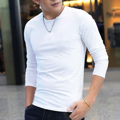 Fall Spring Men T-shirt Round Neck Solid Color Simple Style Long Sleeve Soft Breathable Elastic Pullover Mid Length Casual Men Top