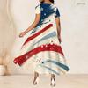 Women Plus Size Round Neck Short Sleeve Firework Star Printed Navy Blue Gathered Waist A Line Long Dress