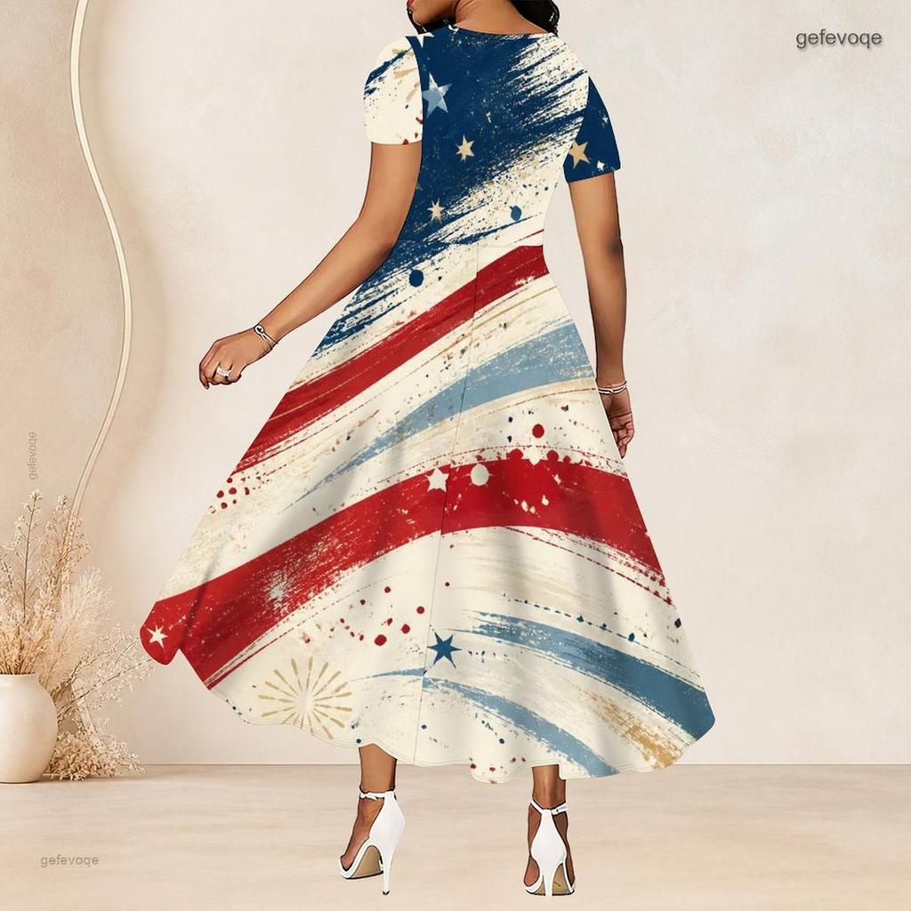 Women Plus Size Round Neck Short Sleeve Firework Star Printed Navy Blue Gathered Waist A Line Long Dress