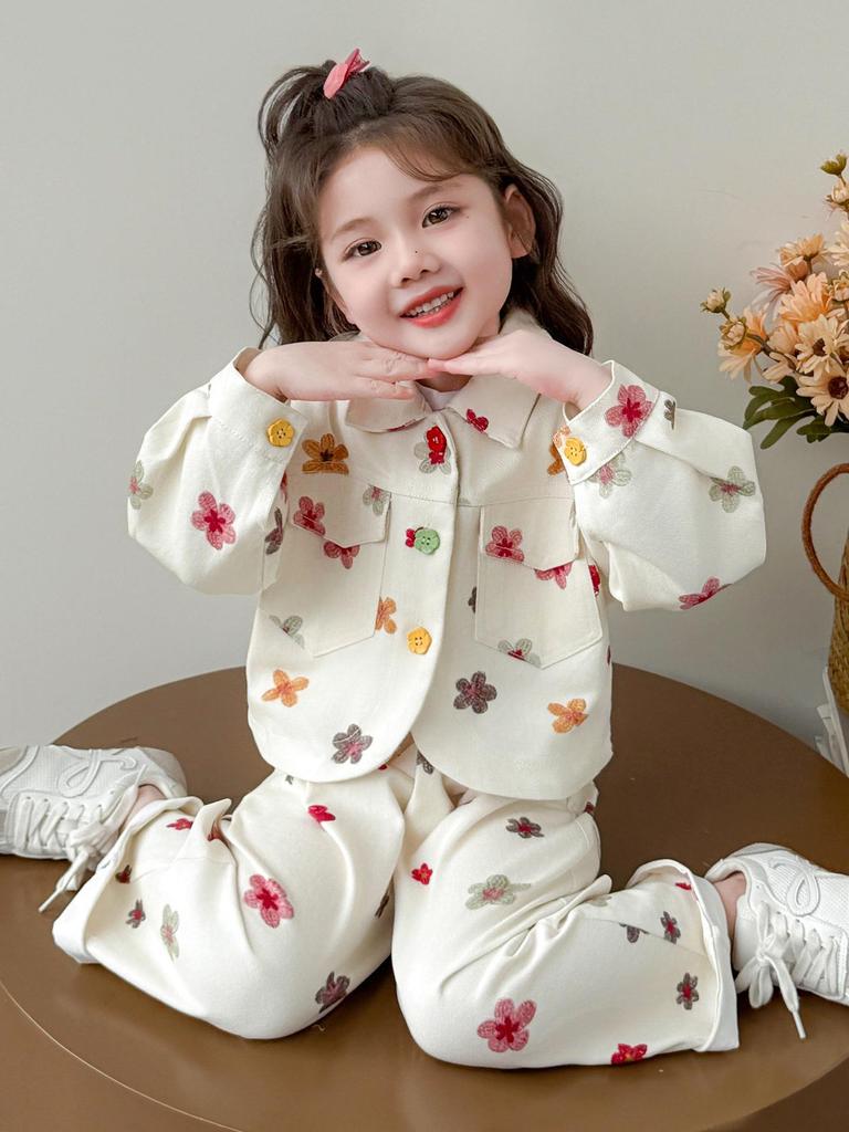 2025 Herbst Mädchen Off-White Denim-Set mit kleiner Blumenstickerei - Koreanischer Stil Zweiteiler für den Kindergarten
